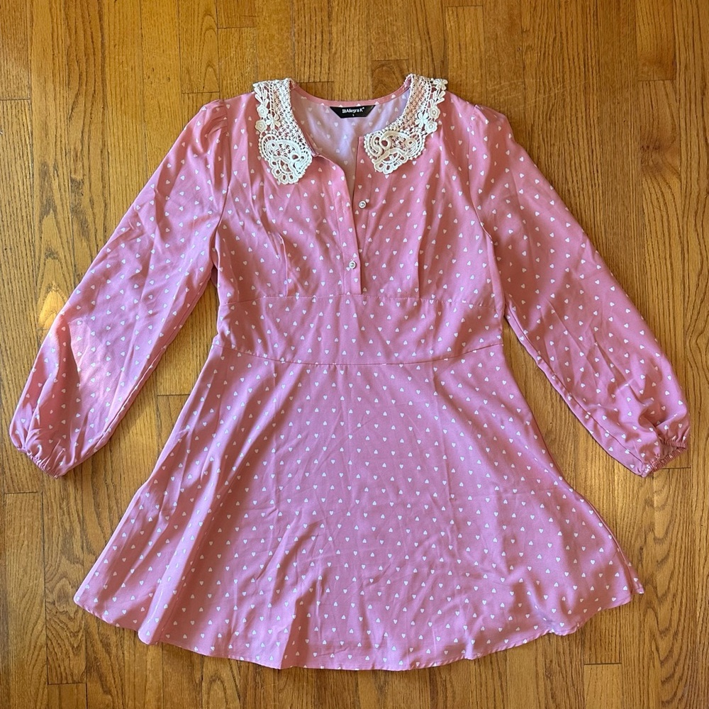 Pink Polka Dot Long Sleeve Dress with Lace Collar